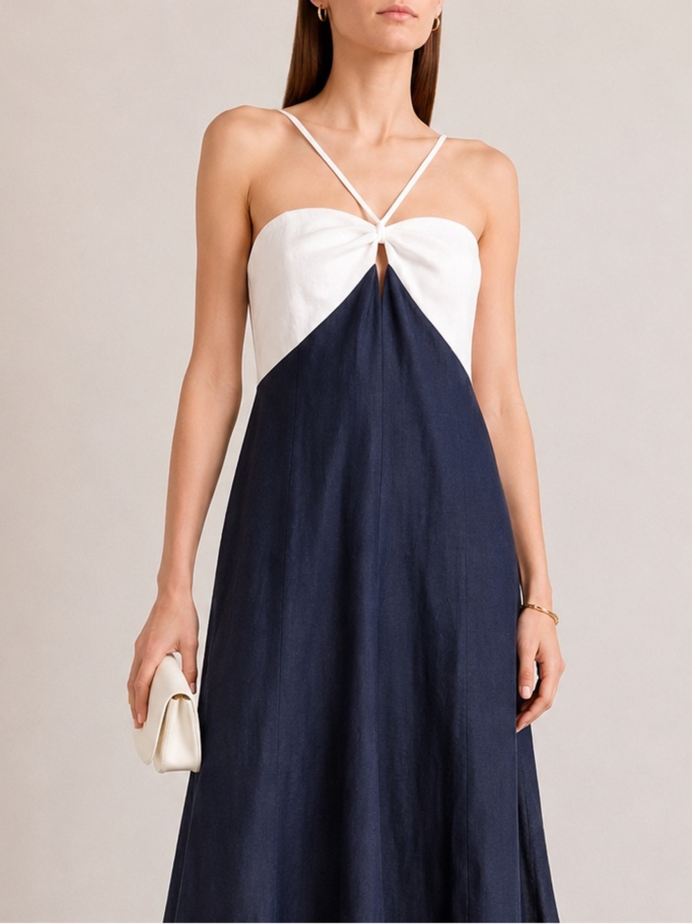 Reiss Navy & White One-Shoulder Midi Dress